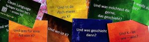 Farbige Clean Language Karten mit Fragen kannst du bei mir bekommen.